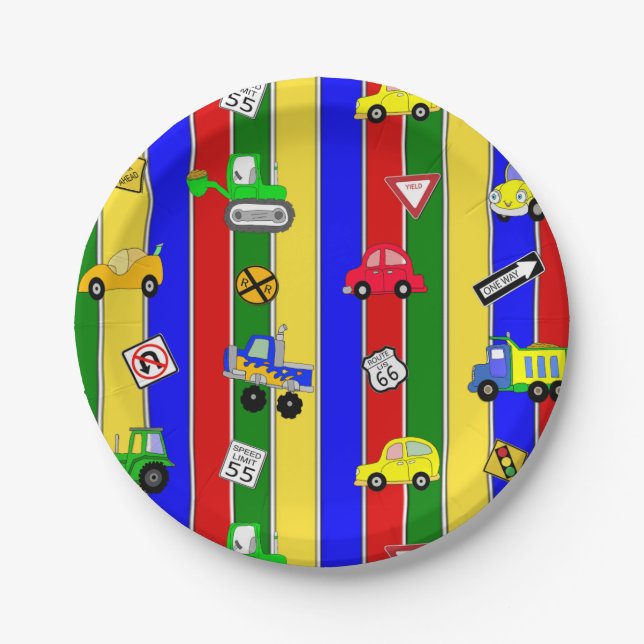 Trucks, Cars, Tractors and Traffic Signs Birthday Paper Plate (Front)