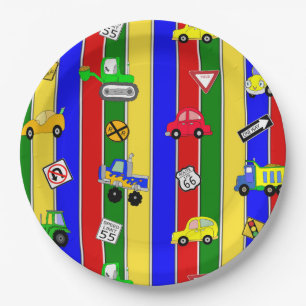 Trucks, Cars, Tractors and Traffic Signs Birthday Paper Plate