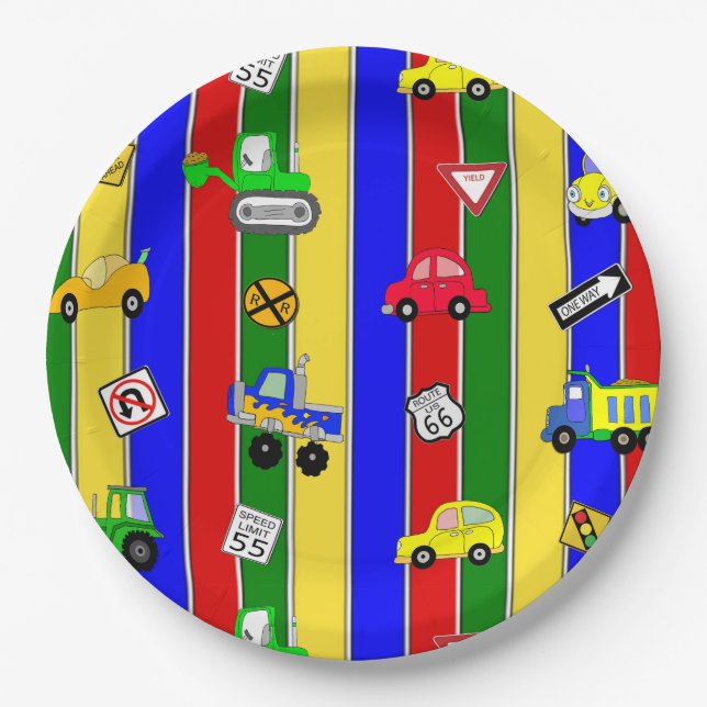 Trucks, Cars, Tractors and Traffic Signs Birthday Paper Plate (Front)
