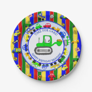 Trucks, Cars, Tractors and Traffic Signs Birthday Paper Plate