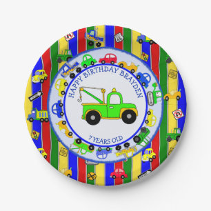 Trucks, Cars, Tractors and Traffic Signs Birthday Paper Plate