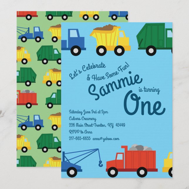 Trucks Colourful 1st Birthday Invitations (Front/Back)