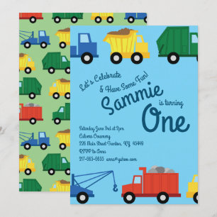 Trucks Colourful 1st Birthday Invitations