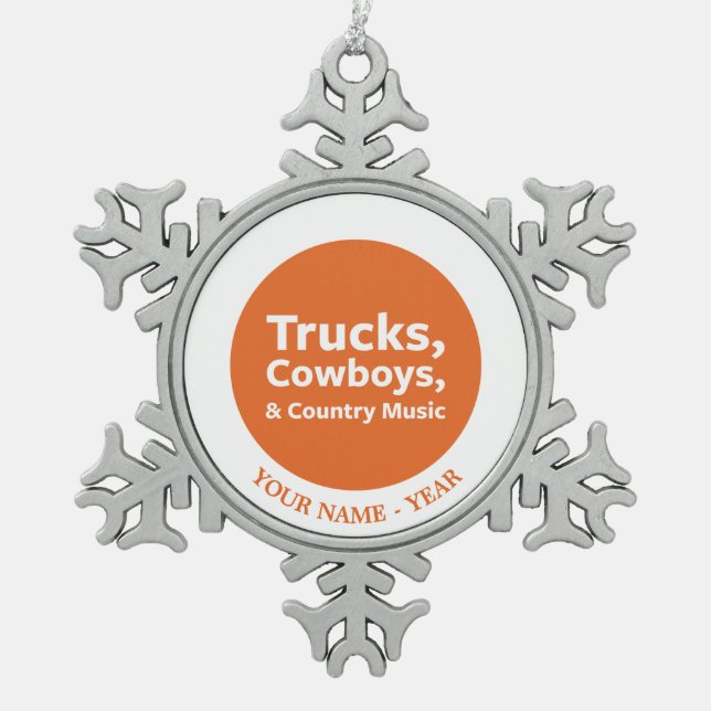 Trucks, Cowboys and Country Music Snowflake Pewter Christmas Ornament (Front)