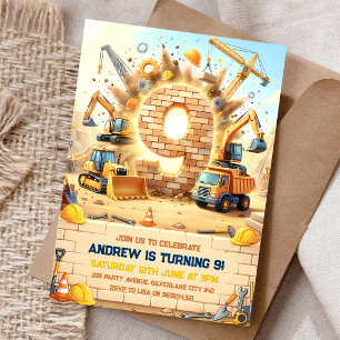 Trucks Cranes Construction 9th Birthday Invitation