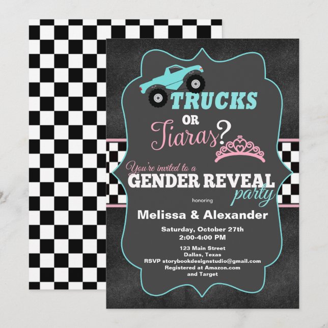 Trucks or Tiaras Gender Reveal Invitations (Front/Back)