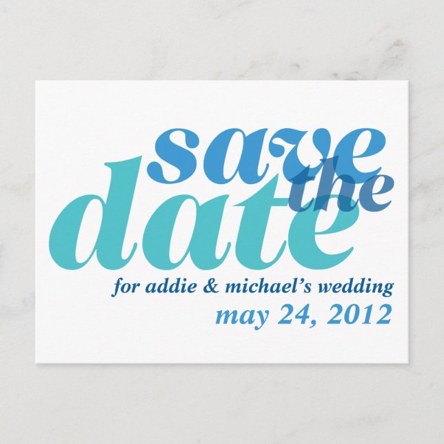 True blue bold wedding announcement save the date postcard (Front)