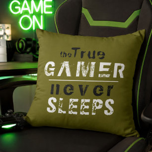 True Gamer Never Sleeps Typography Gamer Cushion