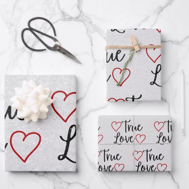 True Love Black Glitter Valentine's Wrapping Paper (Front)