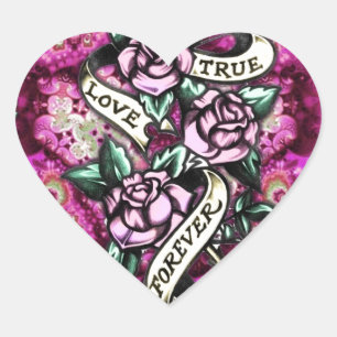 True Love Forever Rockabilly Roses pattern. Heart Sticker