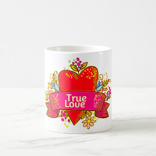 True Love Heart Ribbon with Floral Elements Coffee Mug