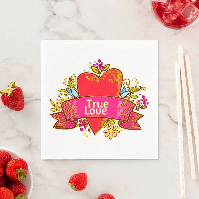 True Love Heart Ribbon with Floral Elements Napkin (Creator Uploaded)