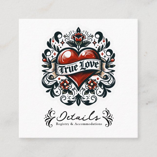 True Love Heart Tattoo Sticker Wedding Details Square Business Card (Front)