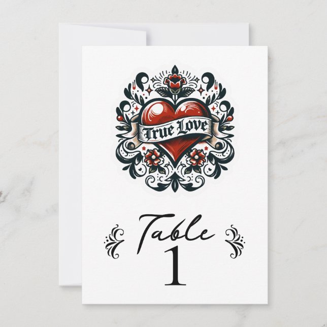 True Love Heart Tattoo Wedding Table Number (Front)