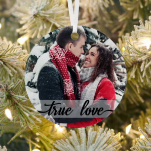 true love, modern calligraphy, holiday photo metal tree decoration