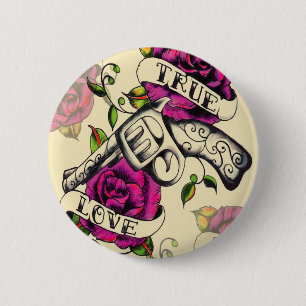 True Love Pistol and Roses artwork, pink & yellow 6 Cm Round Badge
