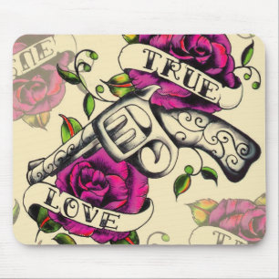 True Love Pistol and Roses artwork, pink & yellow Mouse Mat