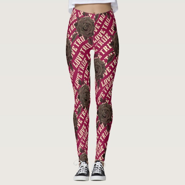 True Love Rose Romantic Valentine's Day B&W Leggin Leggings (Front)