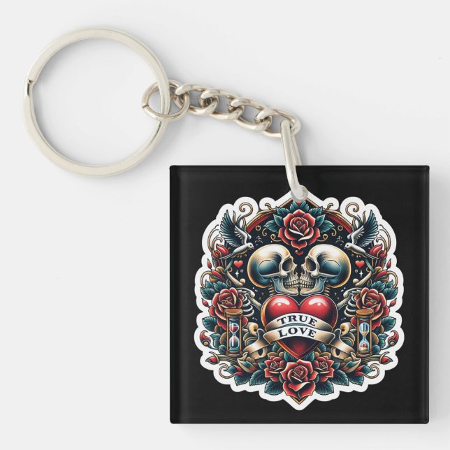 True Love Skeleton Heart Tattoo Look Key Ring (Front)