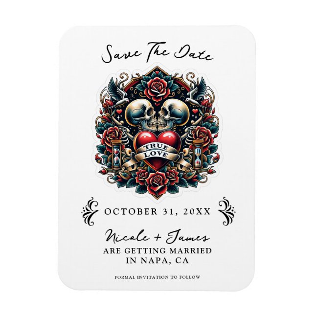 True Love Skeleton Heart Tattoo Save the Date Magnet (Vertical)