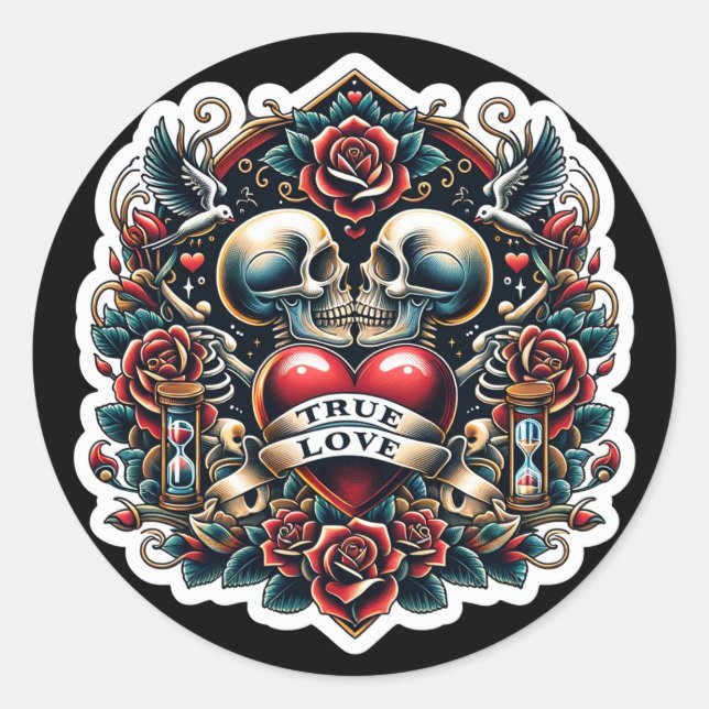 True Love Skeleton Heart Tattoo Wedding Classic Round Sticker (Front)