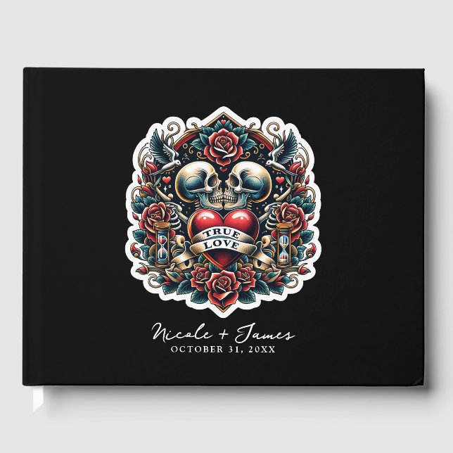 True Love Skeleton Heart Tattoo Wedding Guest Book (Front)