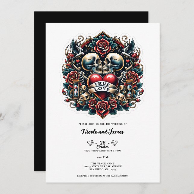 True Love Skeleton Heart Tattoo Wedding Invitation (Front/Back)