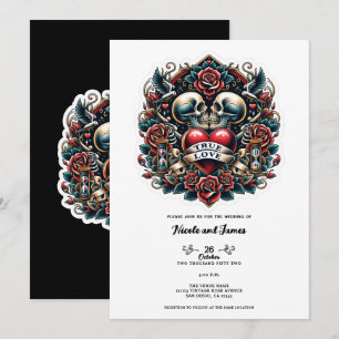 True Love Skeleton Heart Tattoo Wedding Invitation