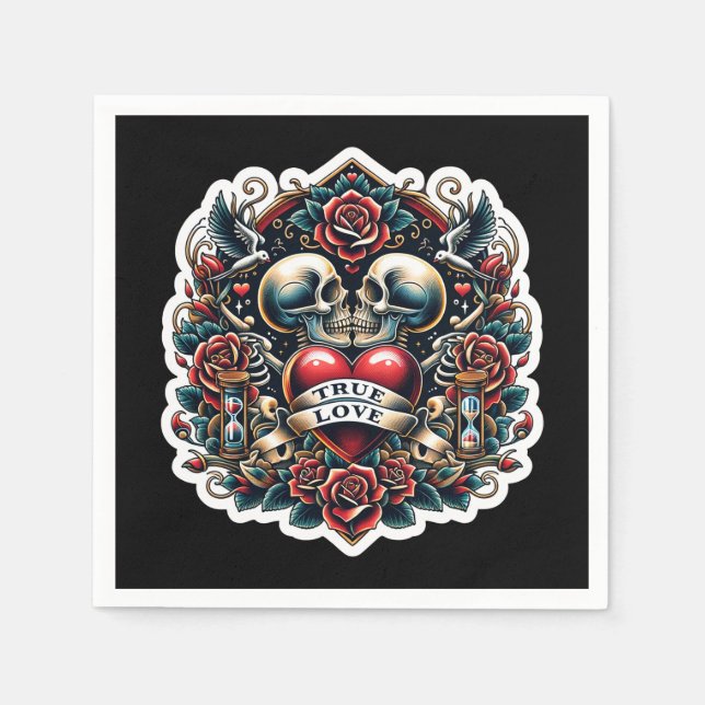 True Love Skeleton Heart Tattoo Wedding Napkin (Front)