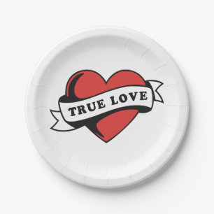 True Love Tattoo Heart Classic Romance Design Paper Plate