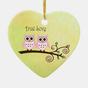 True Love Twin Owls on Tree Branch Heart Ornament