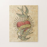 True Love | Vintage Tattoo Birds with Heart Jigsaw Puzzle<br><div class="desc">This stylish puzzle design features a vintage retro style tattoo design of two birds flying around a heart with a banner that says "True Love." The tattoo design has a worn out,  distressed look.</div>