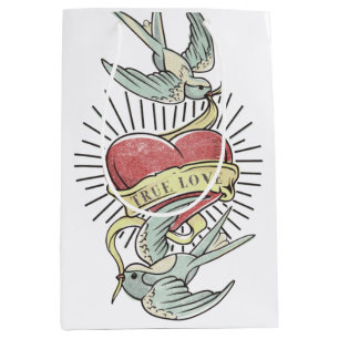 True Love   Vintage Tattoo Birds with Heart Medium Gift Bag