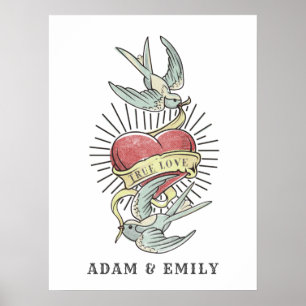 True Love Vintage Tattoo Birds with Heart Poster