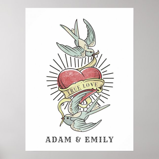 True Love | Vintage Tattoo Birds with Heart Poster (Front)