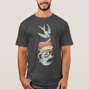 True Love   Vintage Tattoo Birds with Heart T-Shirt