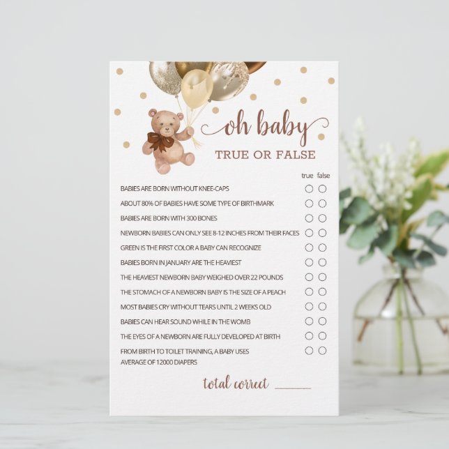 True Or False Facts Game Baby Shower Teddy Bear  (Standing Front)