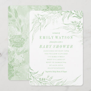 True Romance Green Floral Frame Baby Shower Invitation