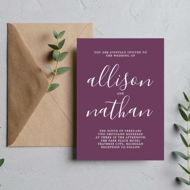 True Simplicity 1 Grape Script Minimalist Wedding Invitation (Creator Uploaded)