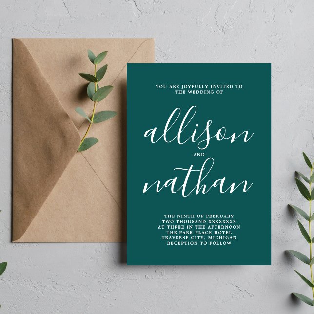 True Simplicity 1 Peacock Teal Minimalist Wedding Invitation (Creator Uploaded)