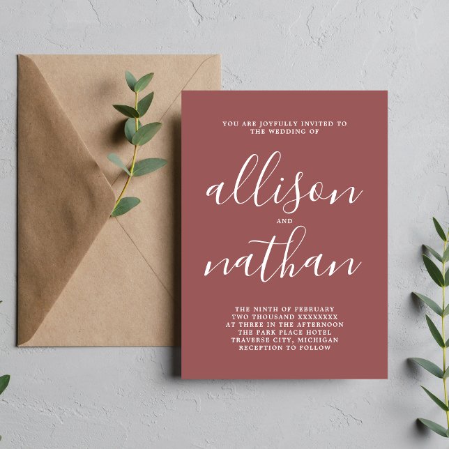 True Simplicity 1 Script Marsala Minimal Wedding Invitation (Creator Uploaded)