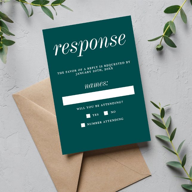 True Simplicity 2 Peacock Teal Minimalist Wedding RSVP Card (Creator Uploaded)