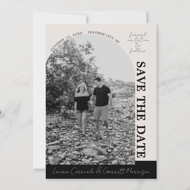 True Simplicity 3 Modern Beige & Black Save The Date (Front)