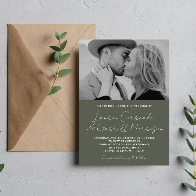 True Simplicity 3 Modern Camo Green Photo Wedding Invitation (Creator Uploaded)