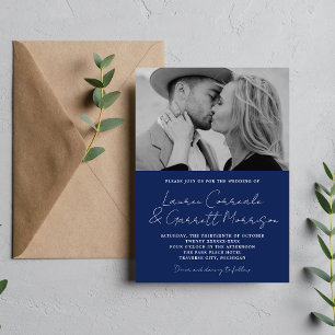 True Simplicity 3 Modern Ink Blue Photo Wedding Invitation