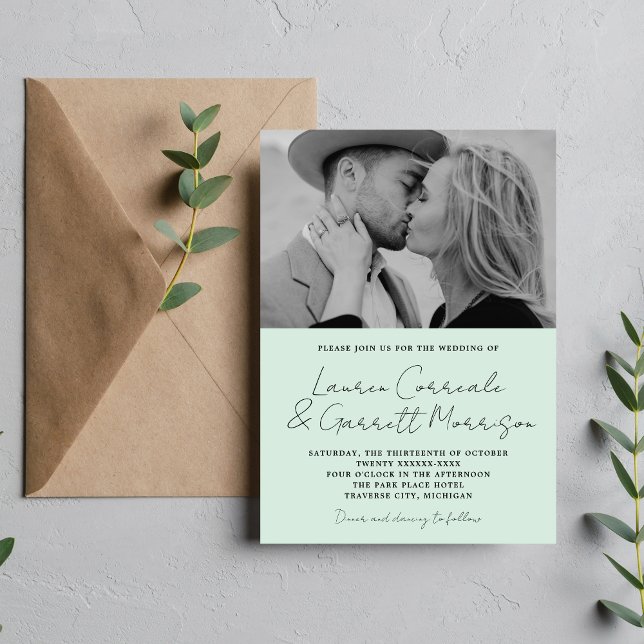 True Simplicity 3 Modern Mint Green Photo Wedding Invitation (Creator Uploaded)