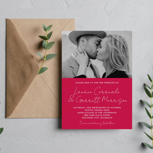 True Simplicity 3 Modern Raspberry Photo Wedding Invitation (Creator Uploaded)