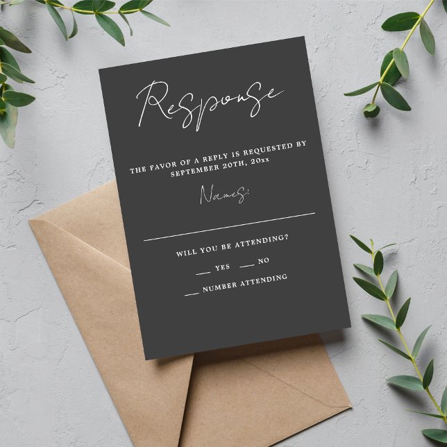 True Simplicity 3 Script Minimal Charcoal Wedding RSVP Card (Creator Uploaded)
