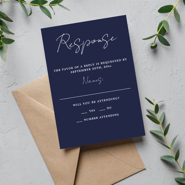 True Simplicity 3 Script Minimal Dark Navy Wedding RSVP Card (Creator Uploaded)
