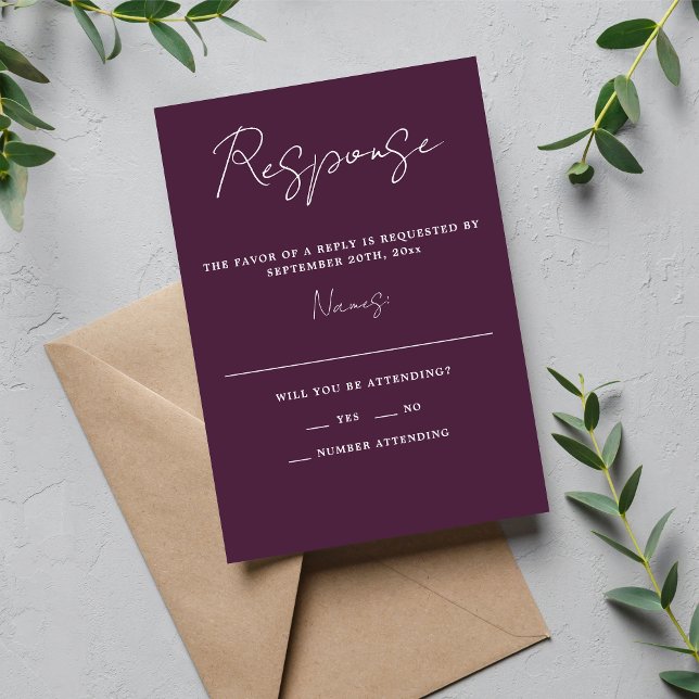 True Simplicity 3 Script Minimal Plum Wedding RSVP Card (Creator Uploaded)